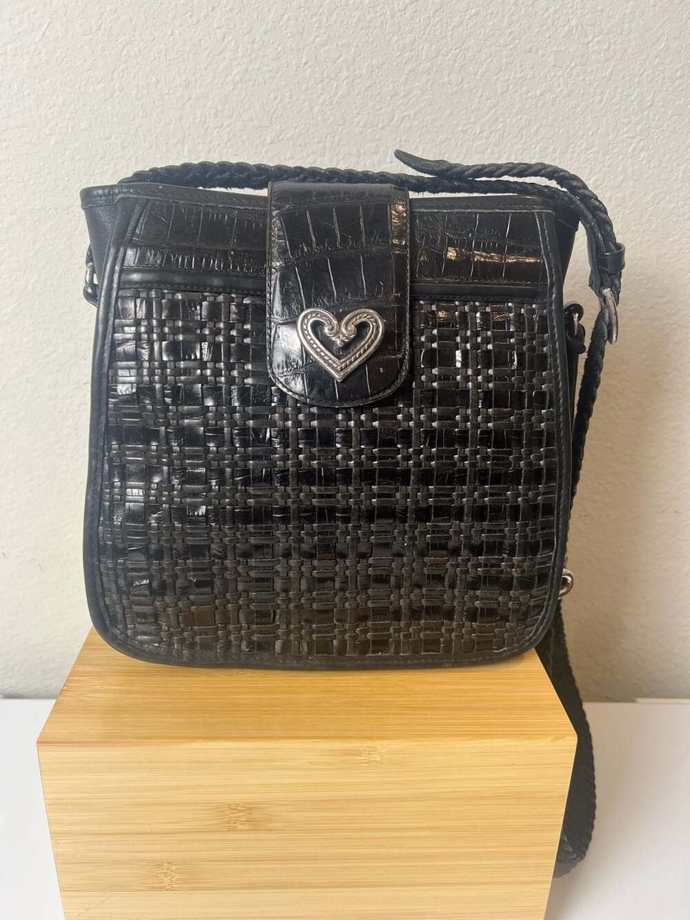 Brighton Black Leather Croc Woven Crossbody Handbag with Heart Accent